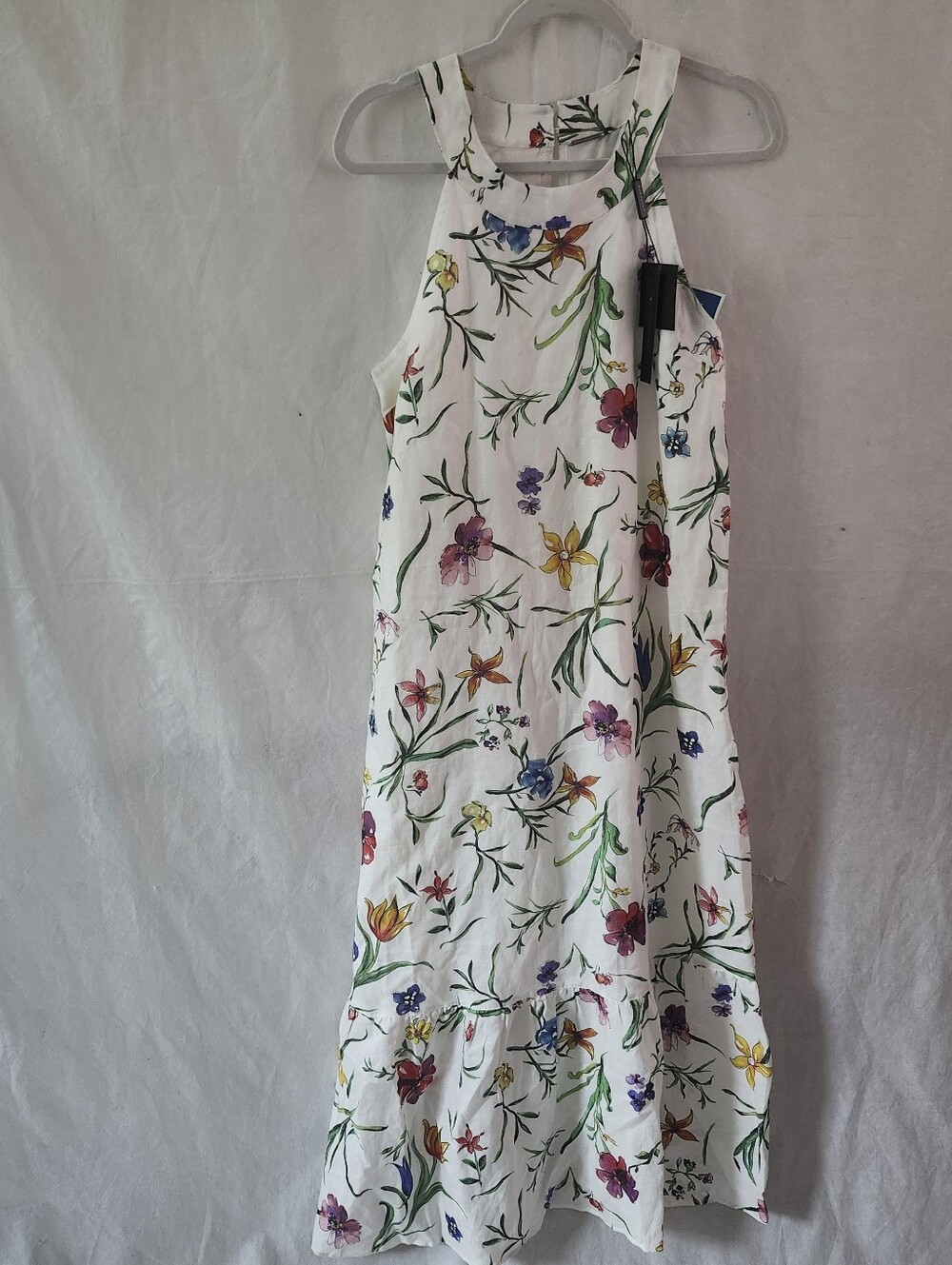 ELIE TAHARI Linen Blend Sleeveless Halter Crewneck Dress With Tiered Hem SZ 8